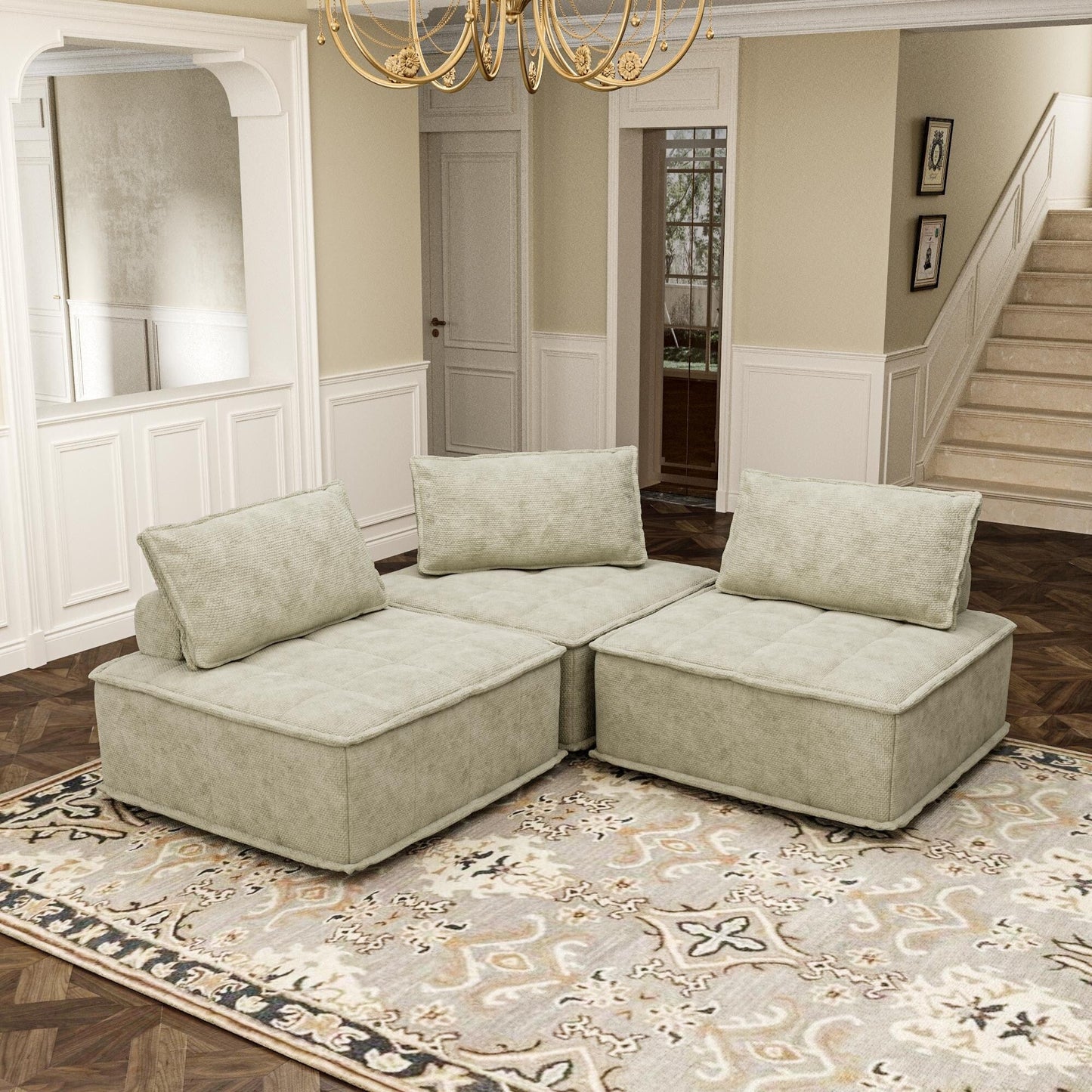 Oversized 3-piece Chenille Modular Square Sofa Set with High-Density Foam Cushions, Free Combination