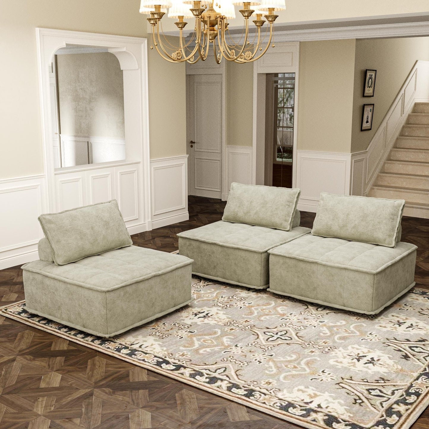Oversized 3-piece Chenille Modular Square Sofa Set with High-Density Foam Cushions, Free Combination