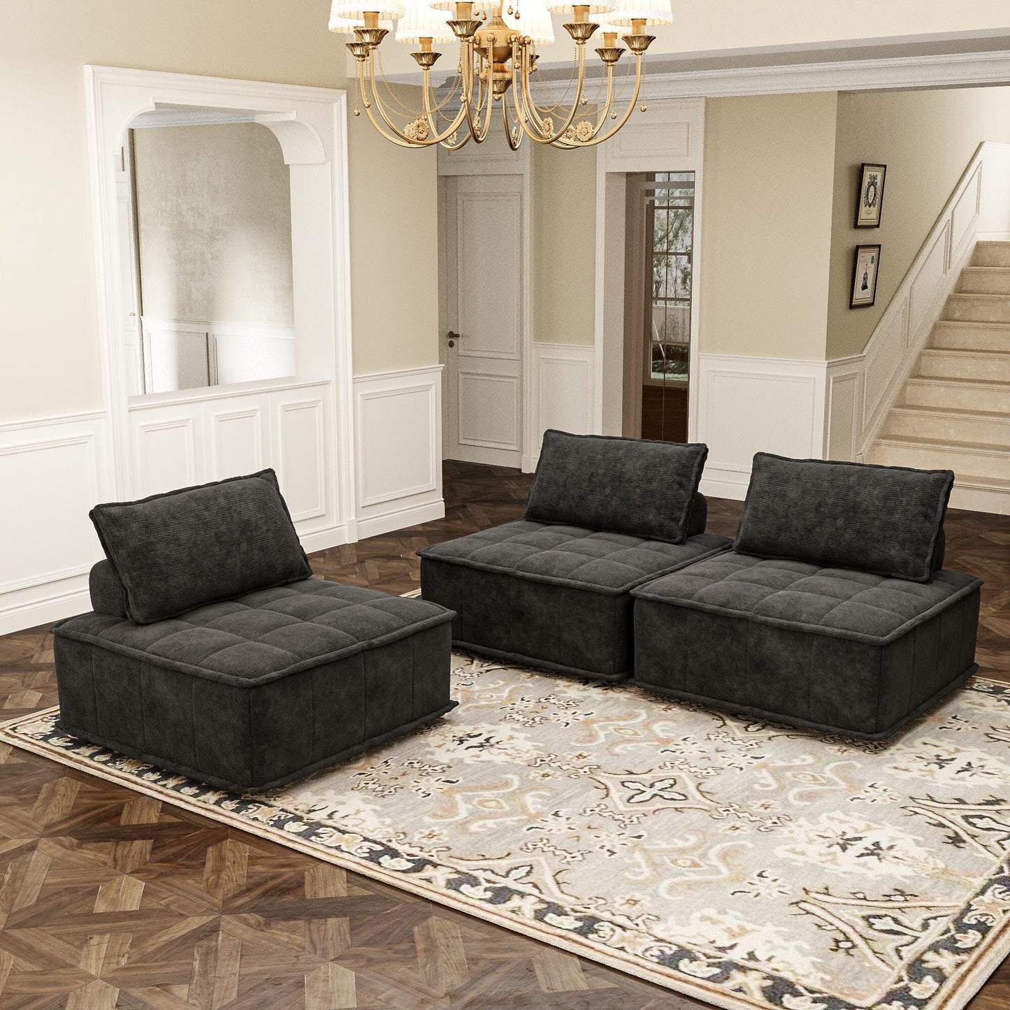 Oversized 3-piece Chenille Modular Square Sofa Set with High-Density Foam Cushions, Free Combination