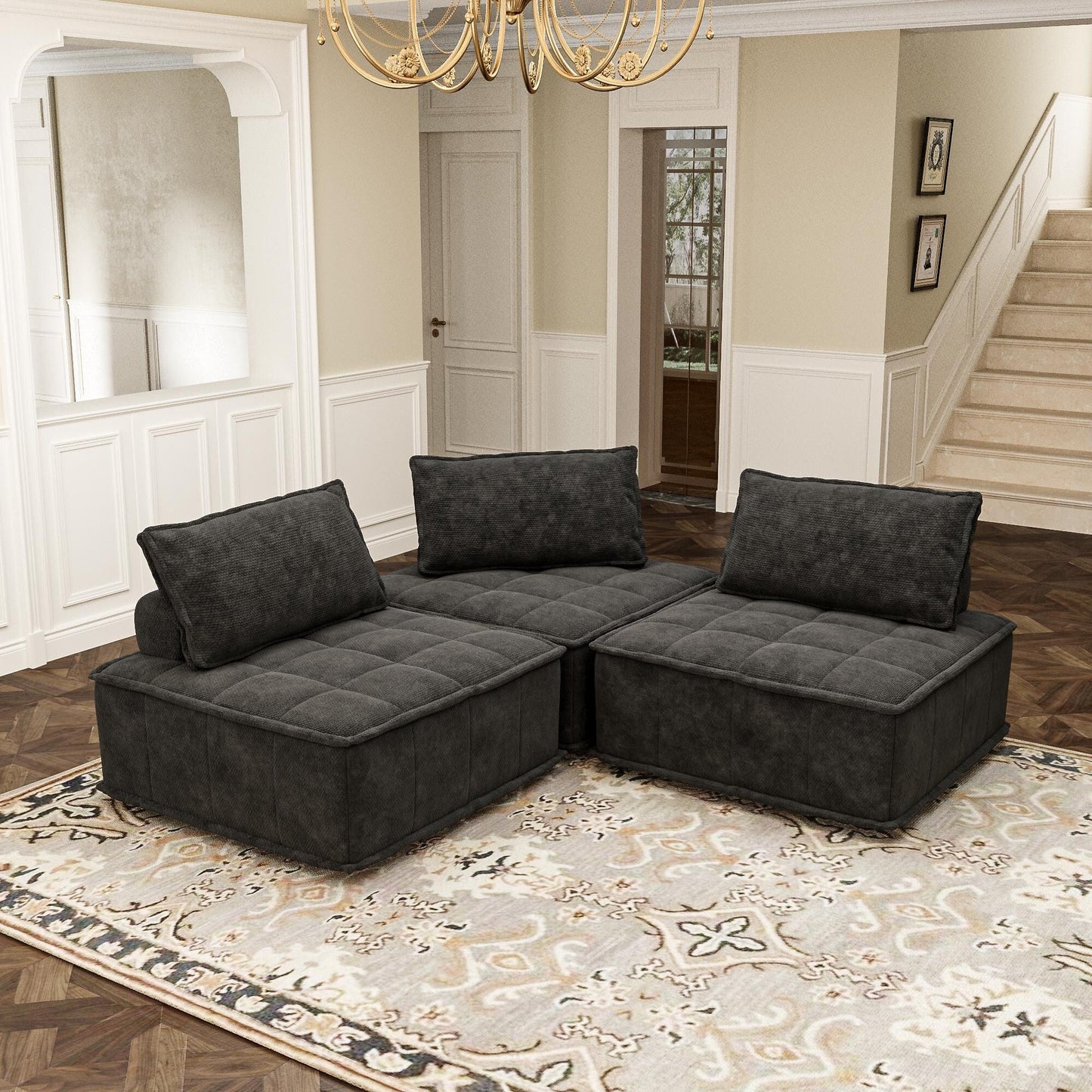 Oversized 3-piece Chenille Modular Square Sofa Set with High-Density Foam Cushions, Free Combination