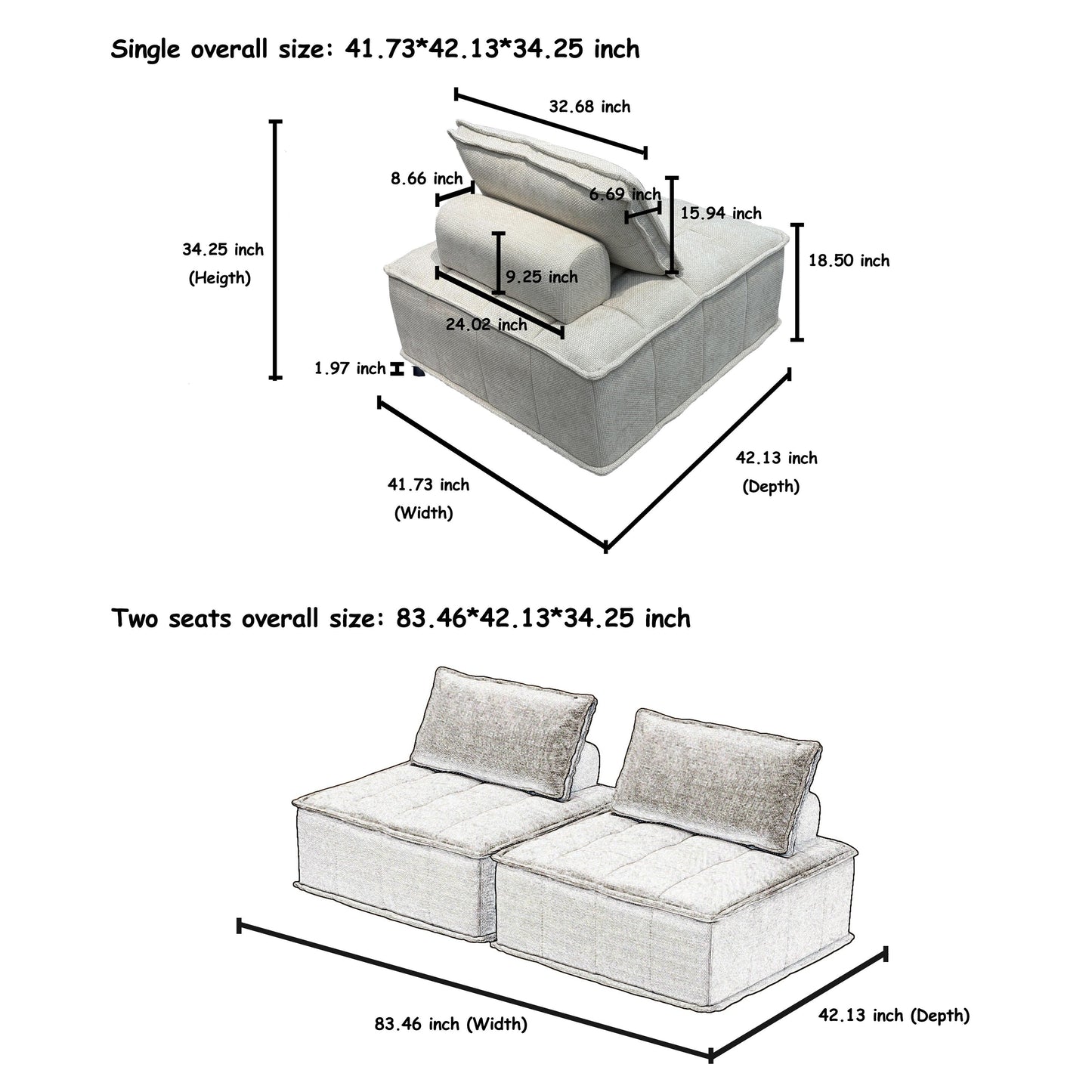 Oversized 3-piece Chenille Modular Square Sofa Set with High-Density Foam Cushions, Free Combination