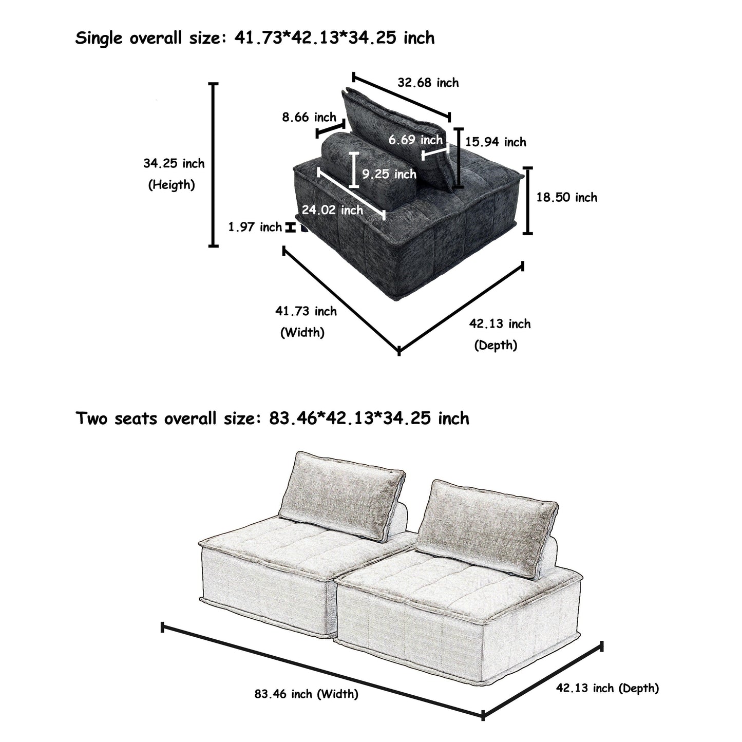 Oversized 3-piece Chenille Modular Square Sofa Set with High-Density Foam Cushions, Free Combination