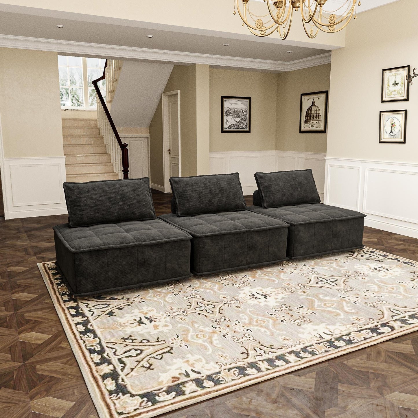 Oversized 3-piece Chenille Modular Square Sofa Set with High-Density Foam Cushions, Free Combination