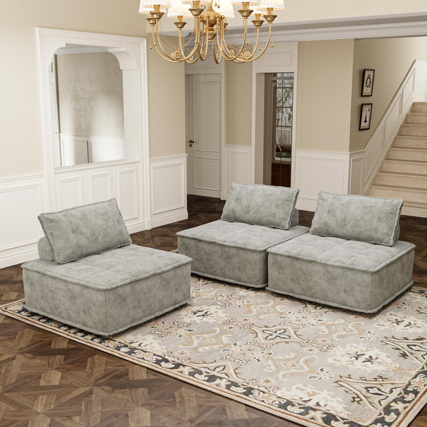 Oversized 3-piece Chenille Modular Square Sofa Set with High-Density Foam Cushions, Free Combination