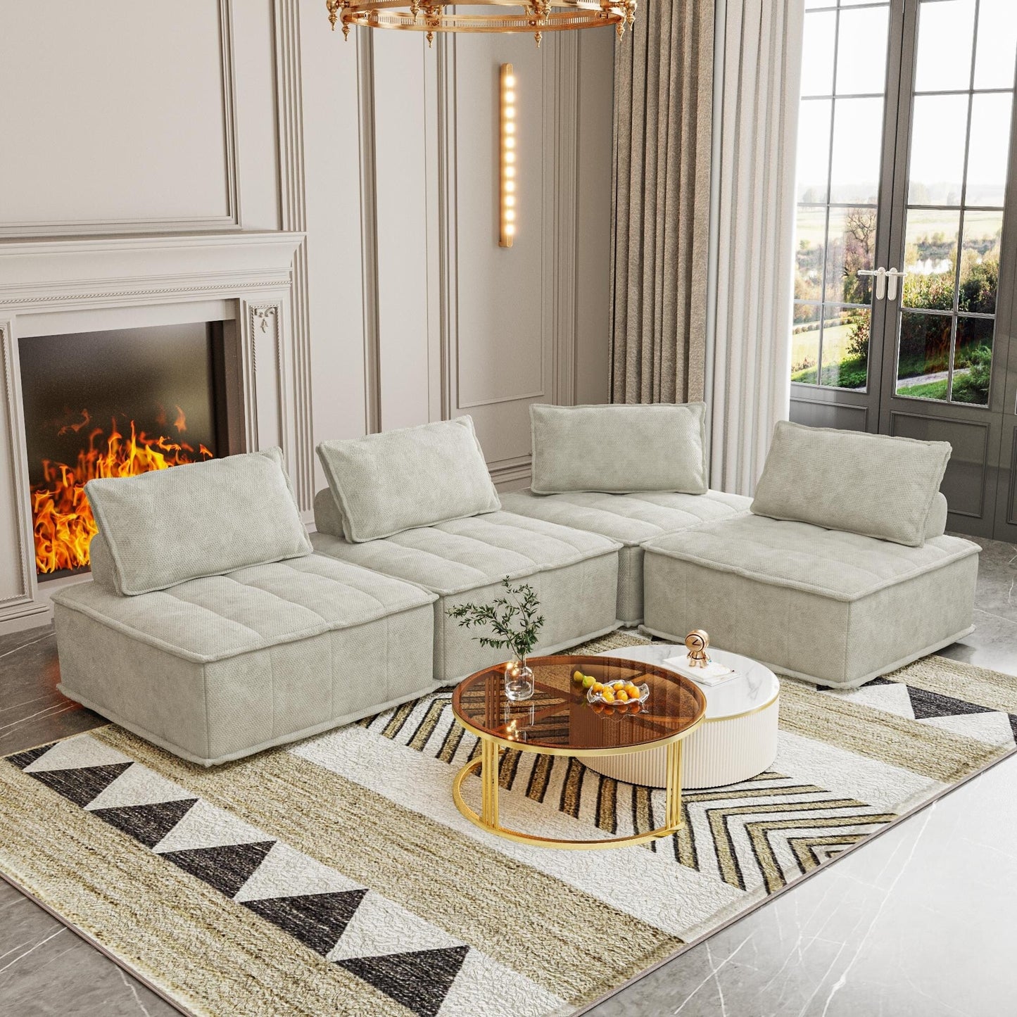 Oversized 4-piece Chenille Modular Square Sofa Set with High-Density Foam Cushions, Free Combination