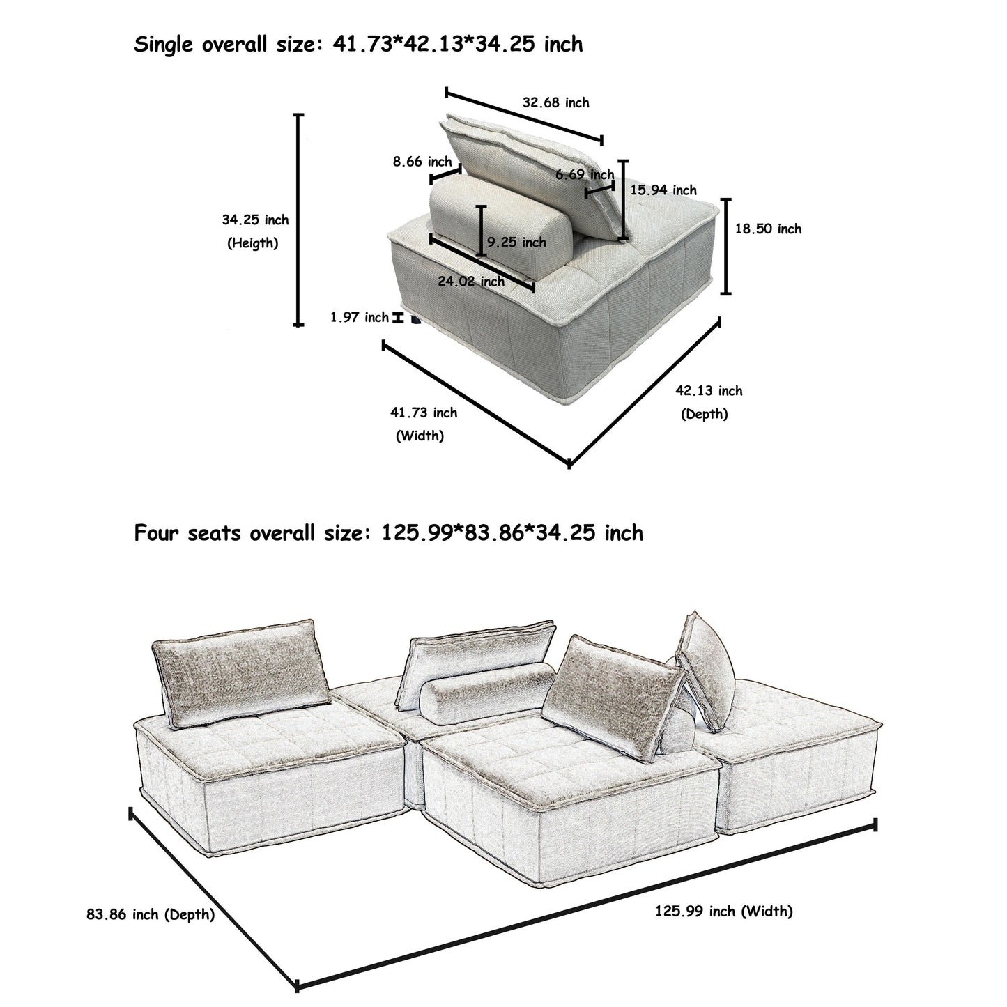 Oversized 4-piece Chenille Modular Square Sofa Set with High-Density Foam Cushions, Free Combination