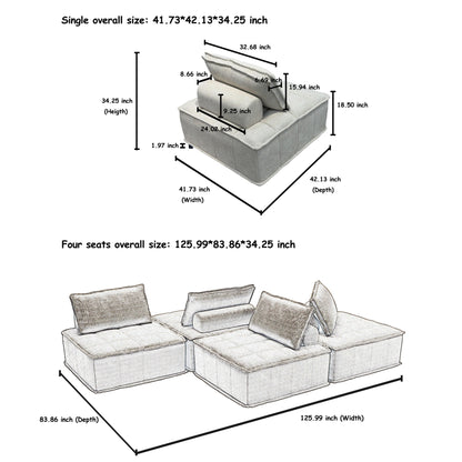 Oversized 4-piece Chenille Modular Square Sofa Set with High-Density Foam Cushions, Free Combination
