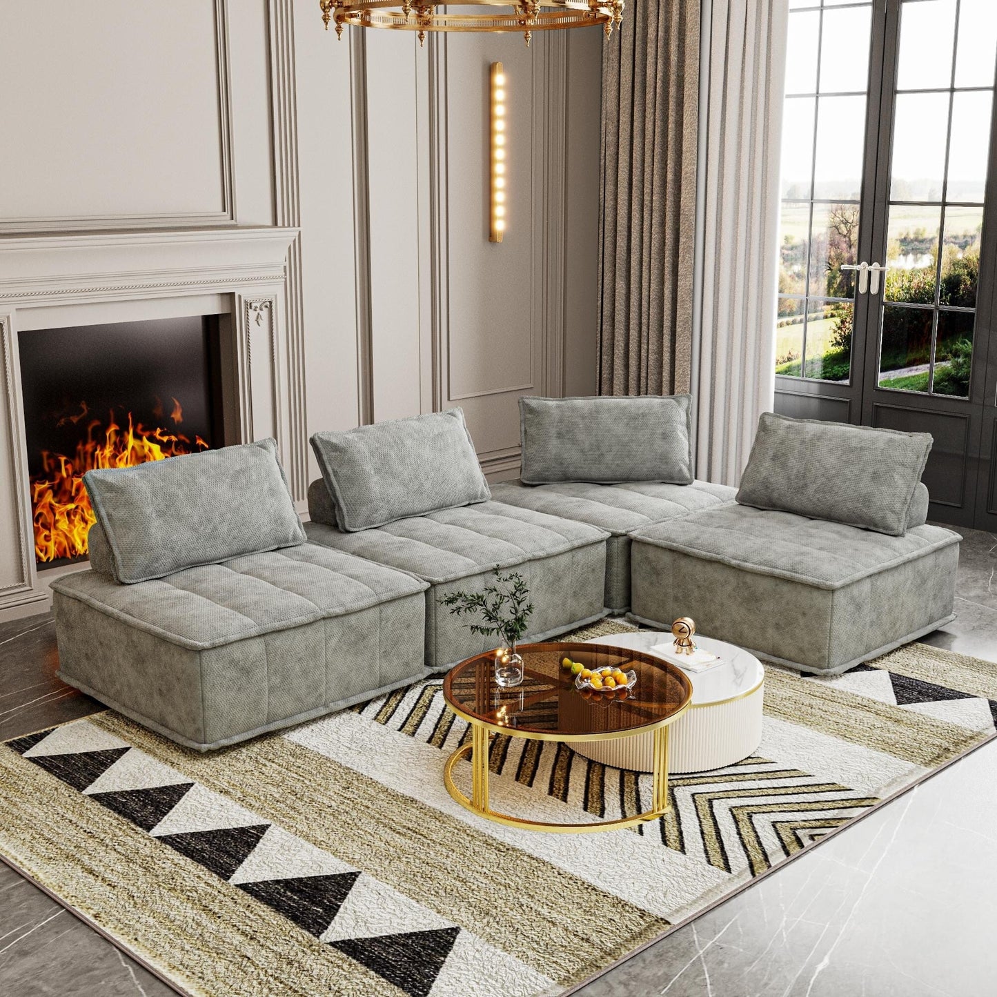 Oversized 4-piece Chenille Modular Square Sofa Set with High-Density Foam Cushions, Free Combination