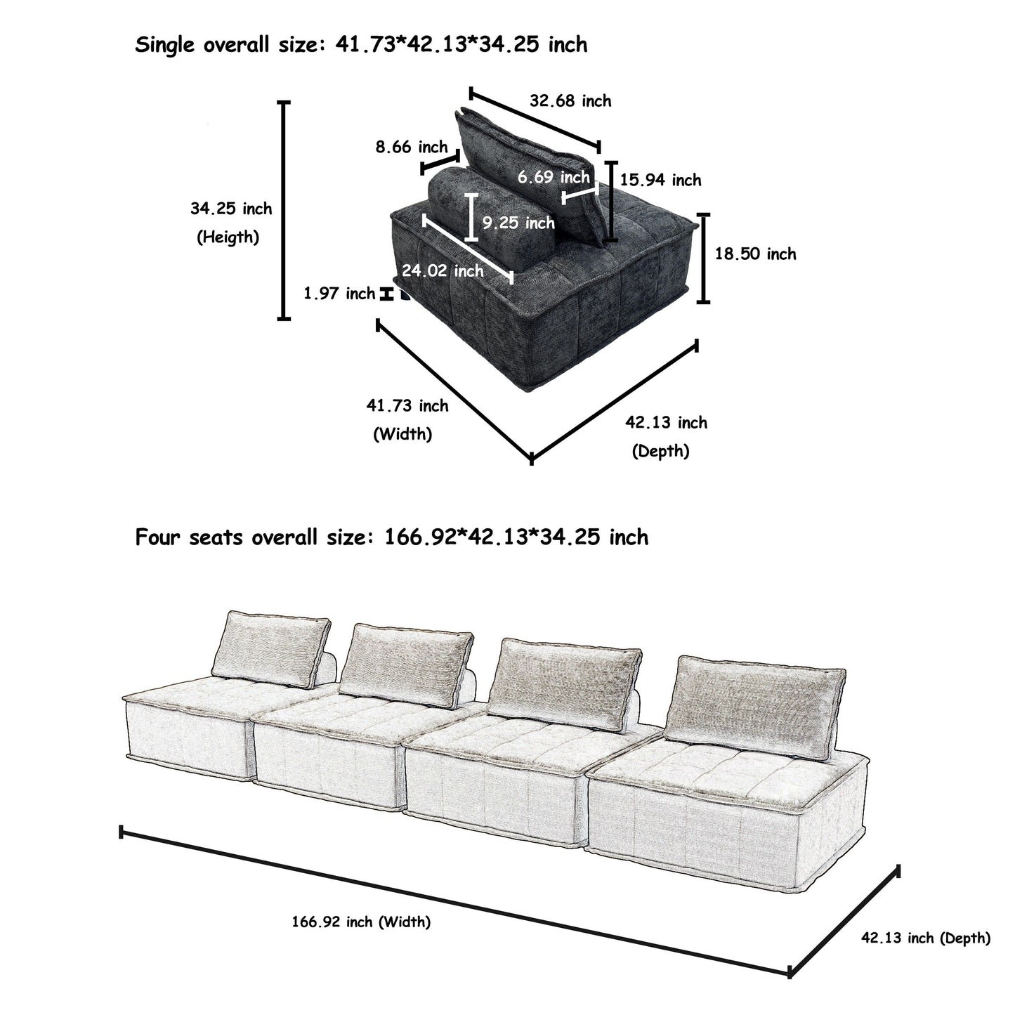 Oversized 4-piece Chenille Modular Square Sofa Set with High-Density Foam Cushions, Free Combination