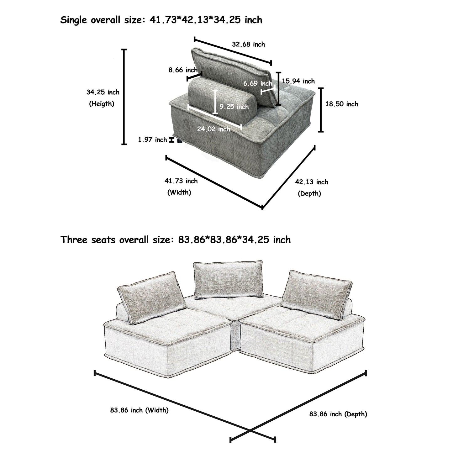 Oversized 4-piece Chenille Modular Square Sofa Set with High-Density Foam Cushions, Free Combination