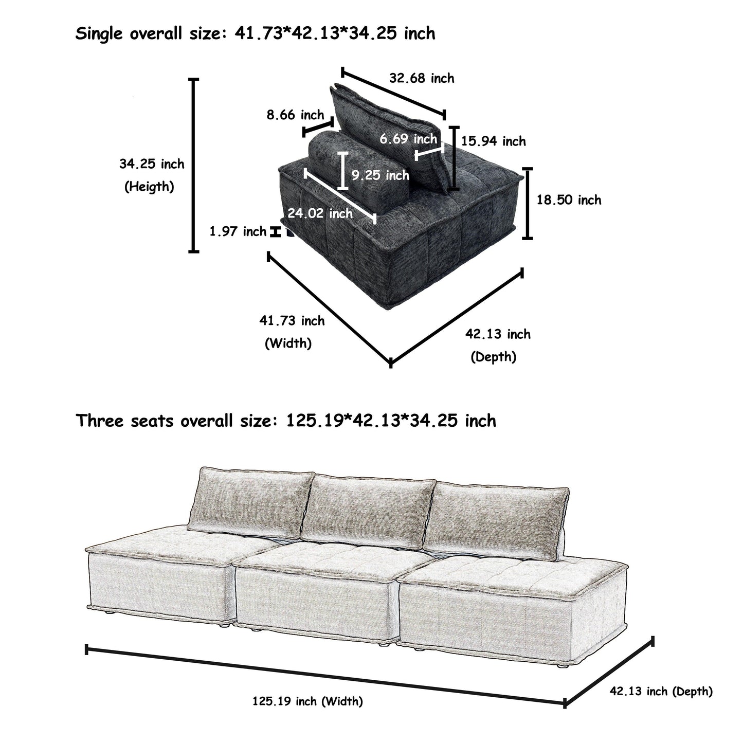 Oversized 4-piece Chenille Modular Square Sofa Set with High-Density Foam Cushions, Free Combination