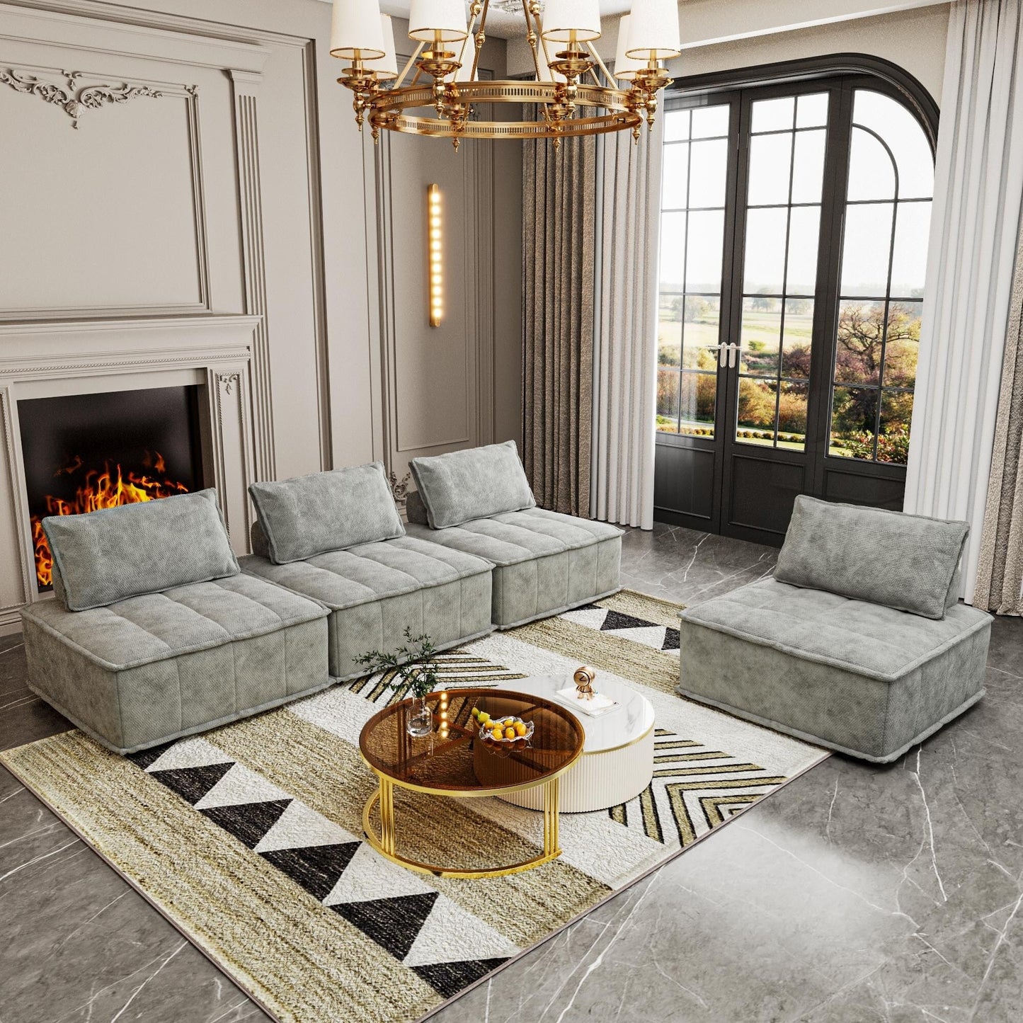 Oversized 4-piece Chenille Modular Square Sofa Set with High-Density Foam Cushions, Free Combination