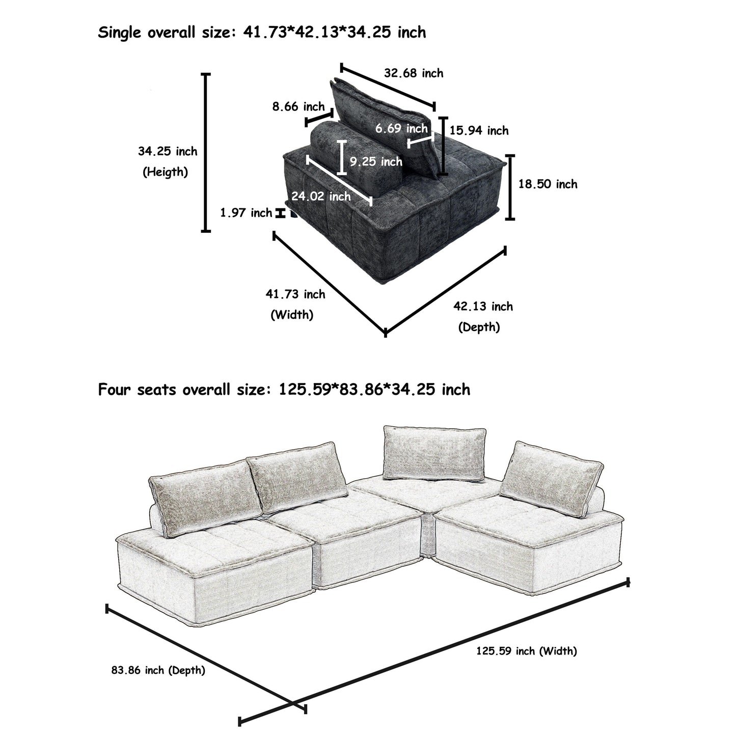 Oversized 4-piece Chenille Modular Square Sofa Set with High-Density Foam Cushions, Free Combination