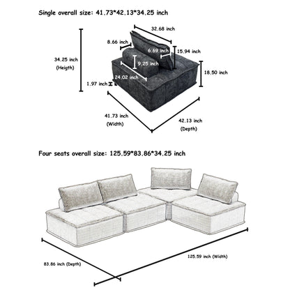 Oversized 4-piece Chenille Modular Square Sofa Set with High-Density Foam Cushions, Free Combination