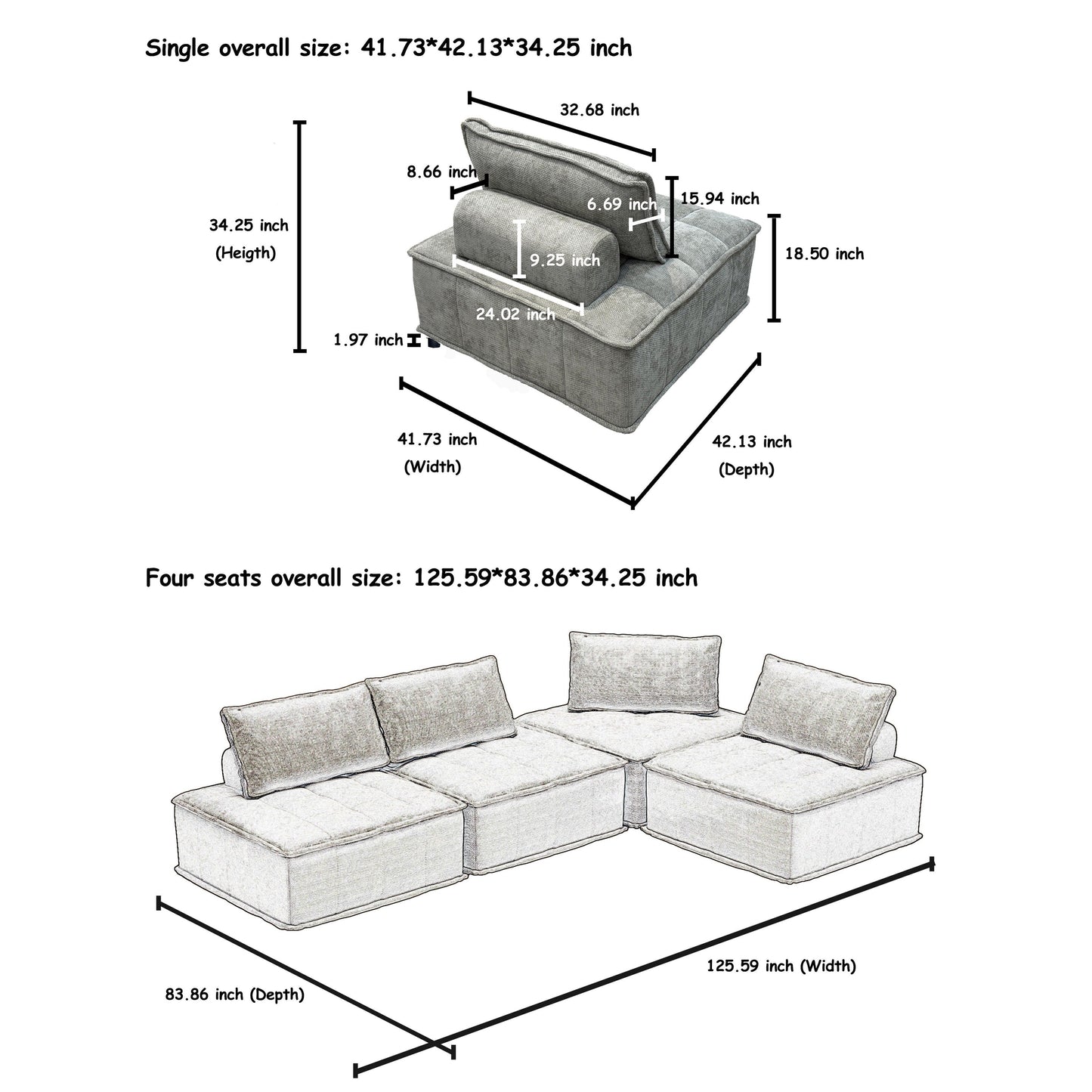 Oversized 4-piece Chenille Modular Square Sofa Set with High-Density Foam Cushions, Free Combination