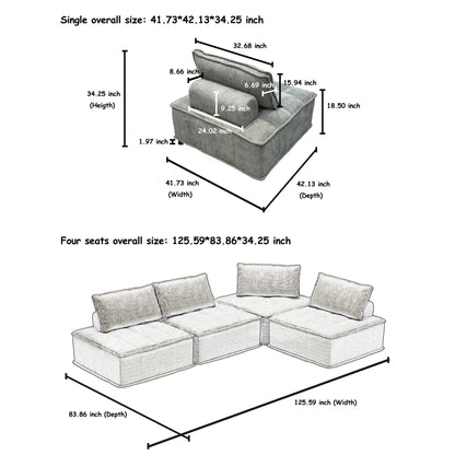Oversized 4-piece Chenille Modular Square Sofa Set with High-Density Foam Cushions, Free Combination