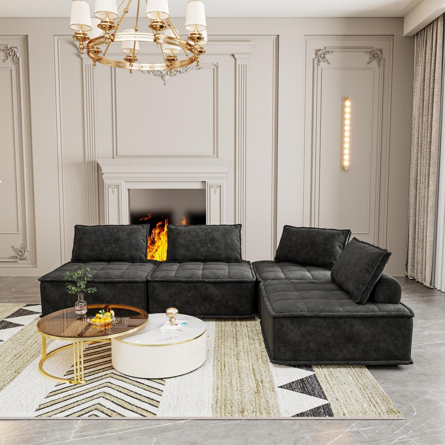 Oversized 4-piece Chenille Modular Square Sofa Set with High-Density Foam Cushions, Free Combination