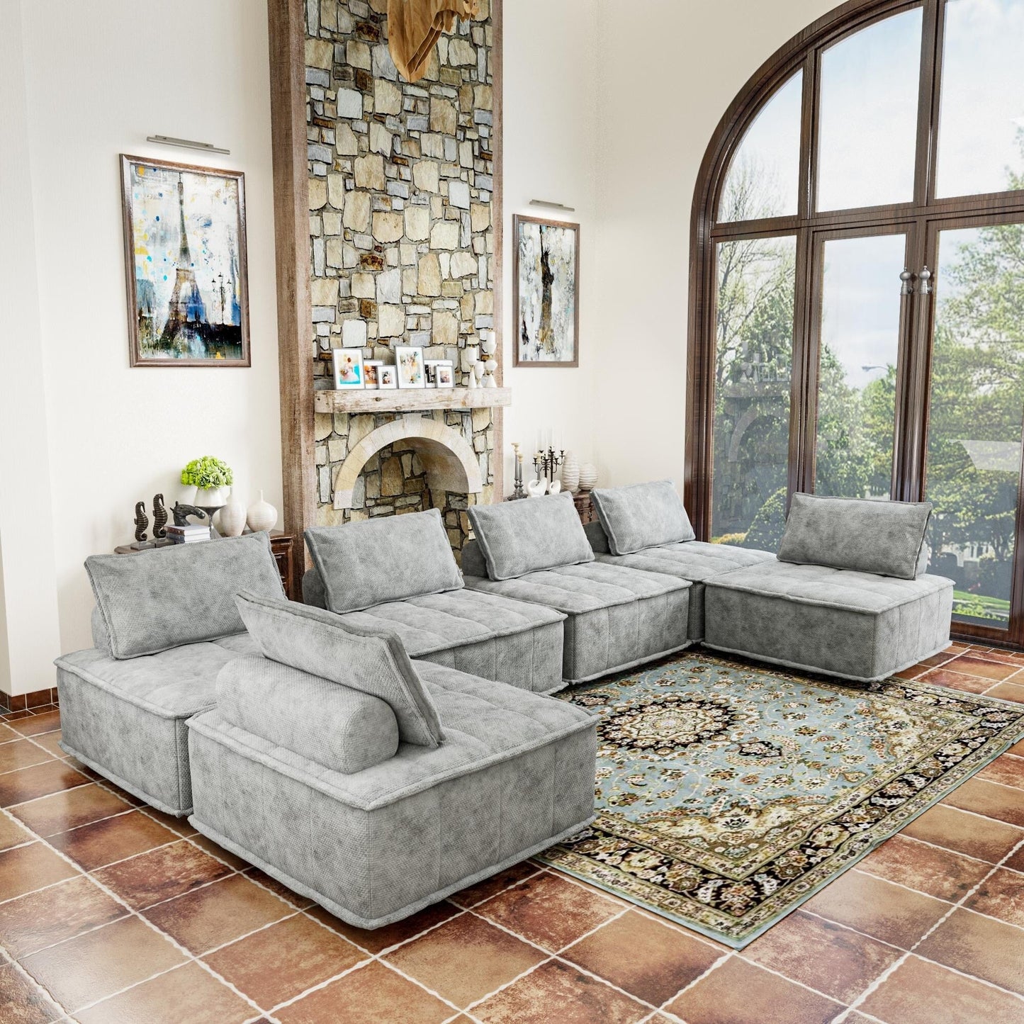 Oversized 6-piece Chenille Modular Square Sofa Set with High-Density Foam Cushions, Free Combination