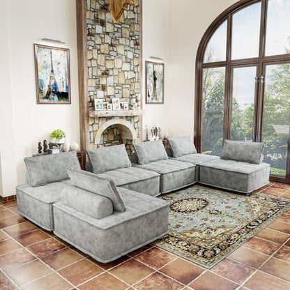 Oversized 6-piece Chenille Modular Square Sofa Set with High-Density Foam Cushions, Free Combination