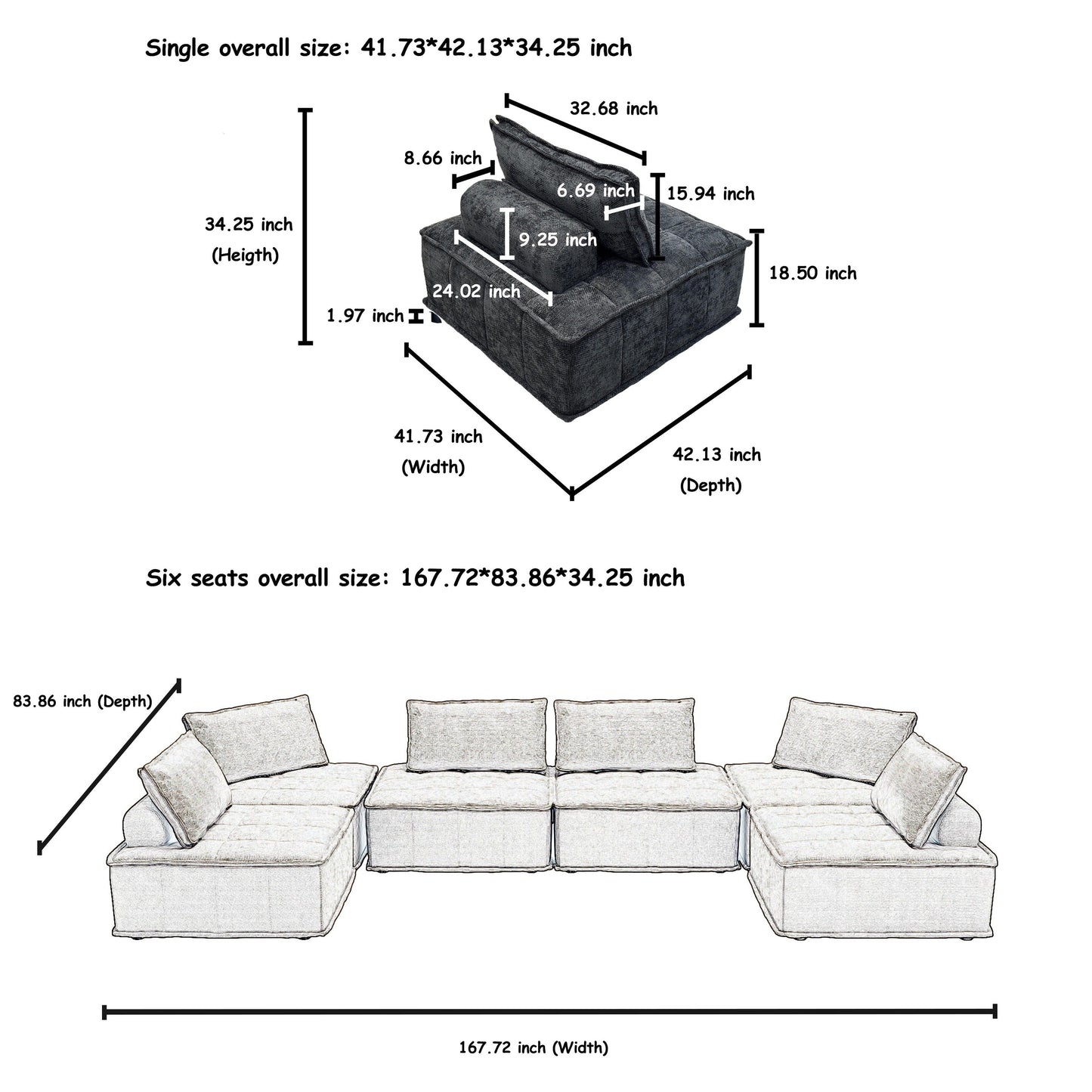 Oversized 6-piece Chenille Modular Square Sofa Set with High-Density Foam Cushions, Free Combination