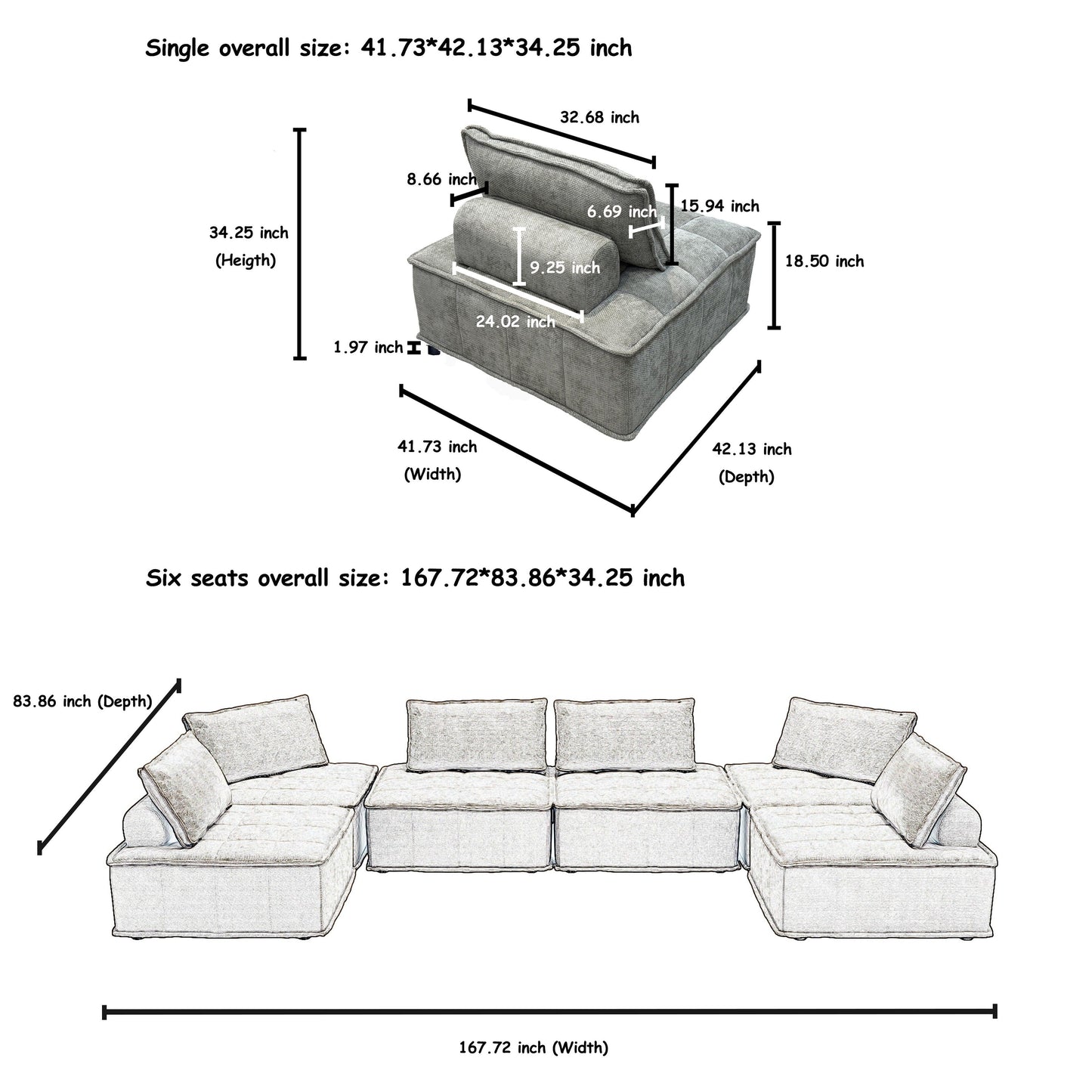 Oversized 6-piece Chenille Modular Square Sofa Set with High-Density Foam Cushions, Free Combination