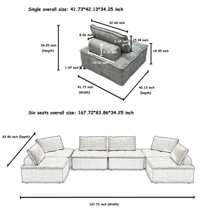 Oversized 6-piece Chenille Modular Square Sofa Set with High-Density Foam Cushions, Free Combination