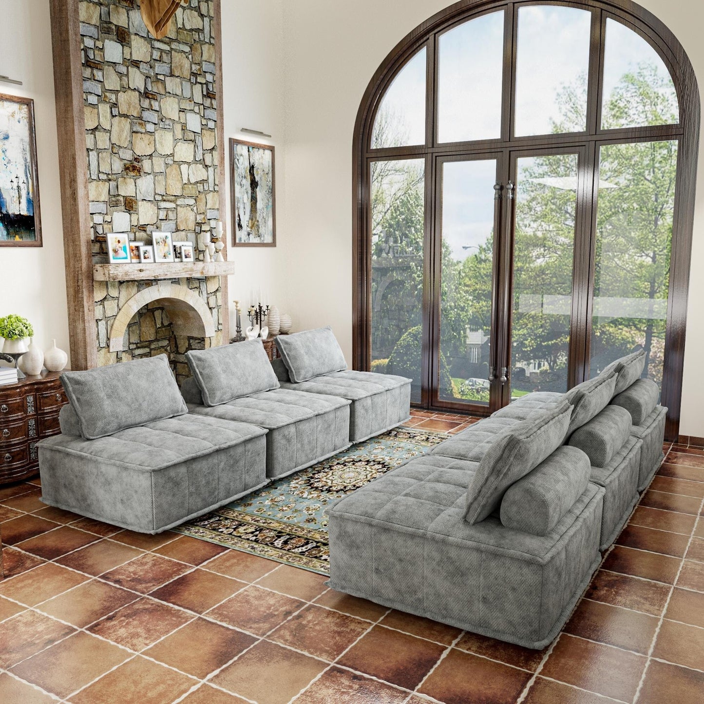 Oversized 6-piece Chenille Modular Square Sofa Set with High-Density Foam Cushions, Free Combination