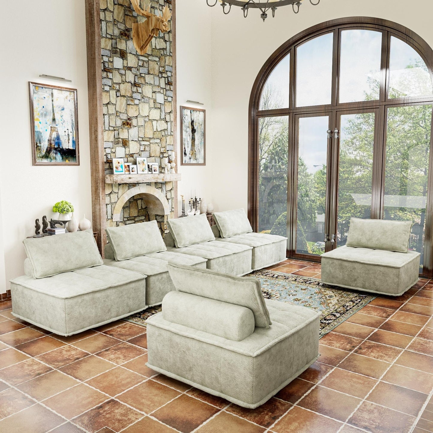 Oversized 6-piece Chenille Modular Square Sofa Set with High-Density Foam Cushions, Free Combination