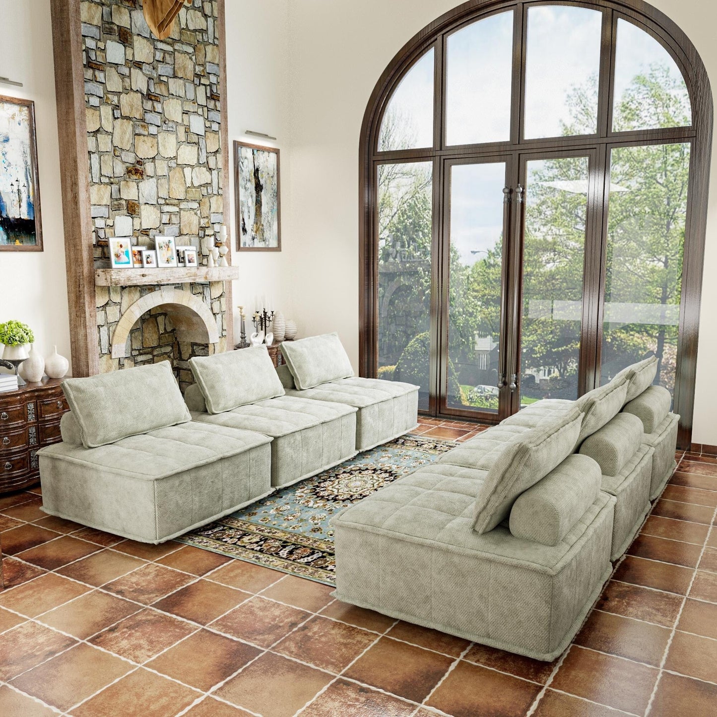 Oversized 6-piece Chenille Modular Square Sofa Set with High-Density Foam Cushions, Free Combination