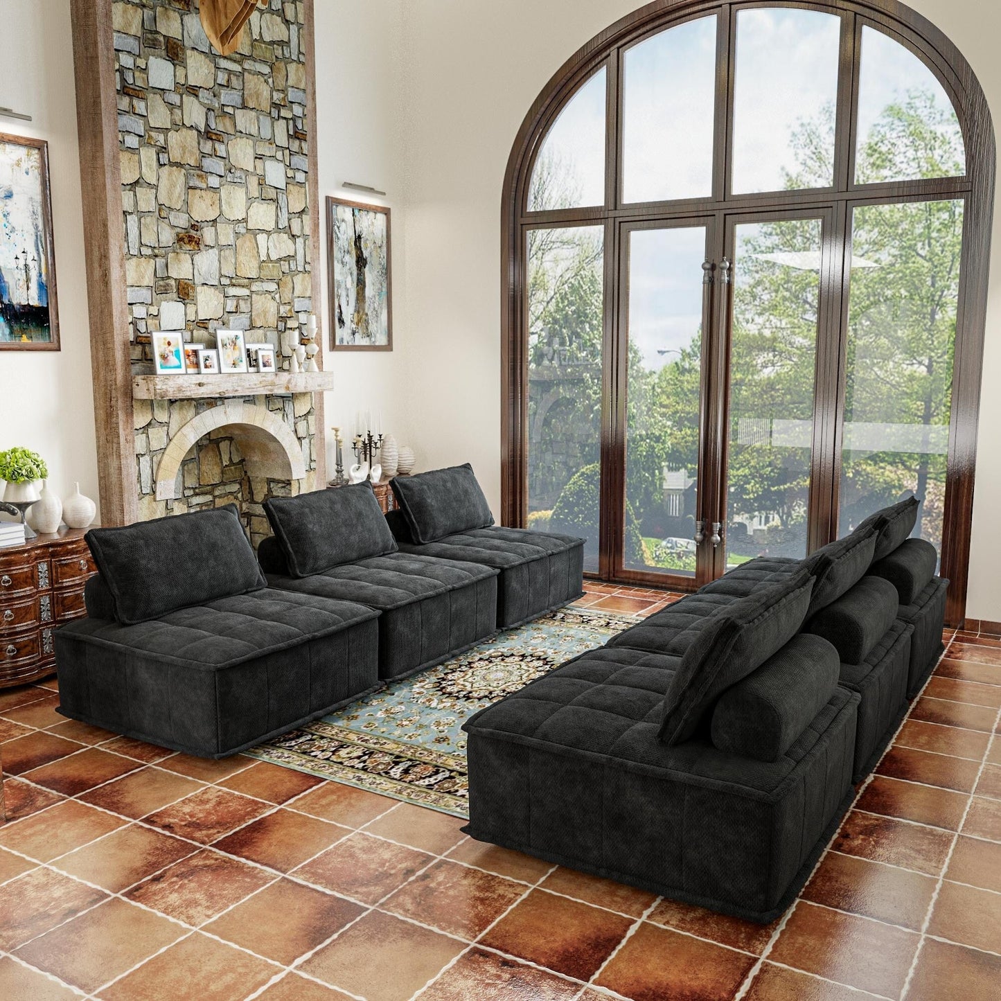 Oversized 6-piece Chenille Modular Square Sofa Set with High-Density Foam Cushions, Free Combination