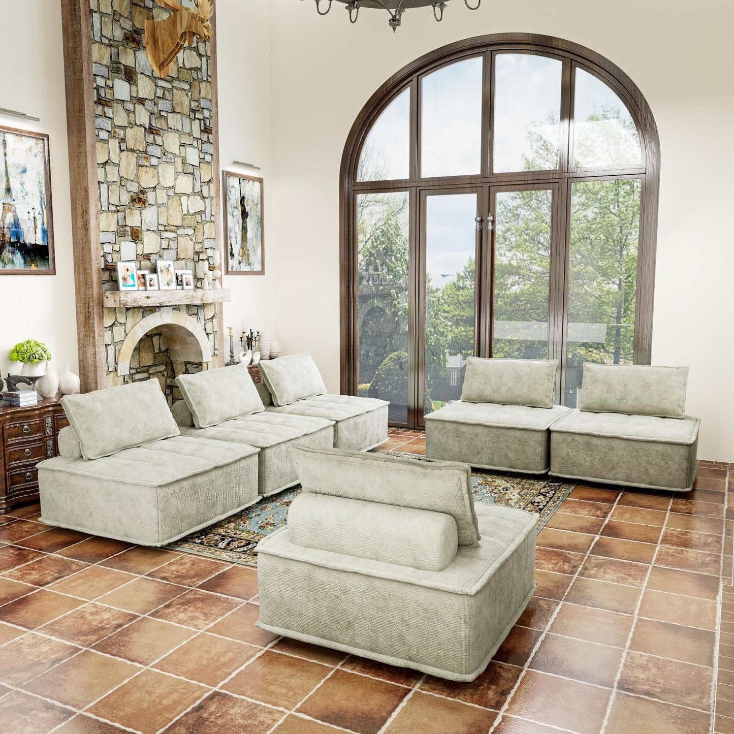 Oversized 6-piece Chenille Modular Square Sofa Set with High-Density Foam Cushions, Free Combination