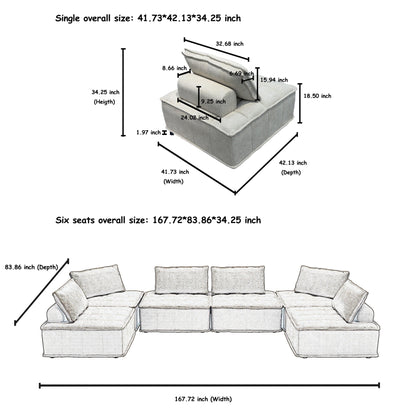 Oversized 6-piece Chenille Modular Square Sofa Set with High-Density Foam Cushions, Free Combination