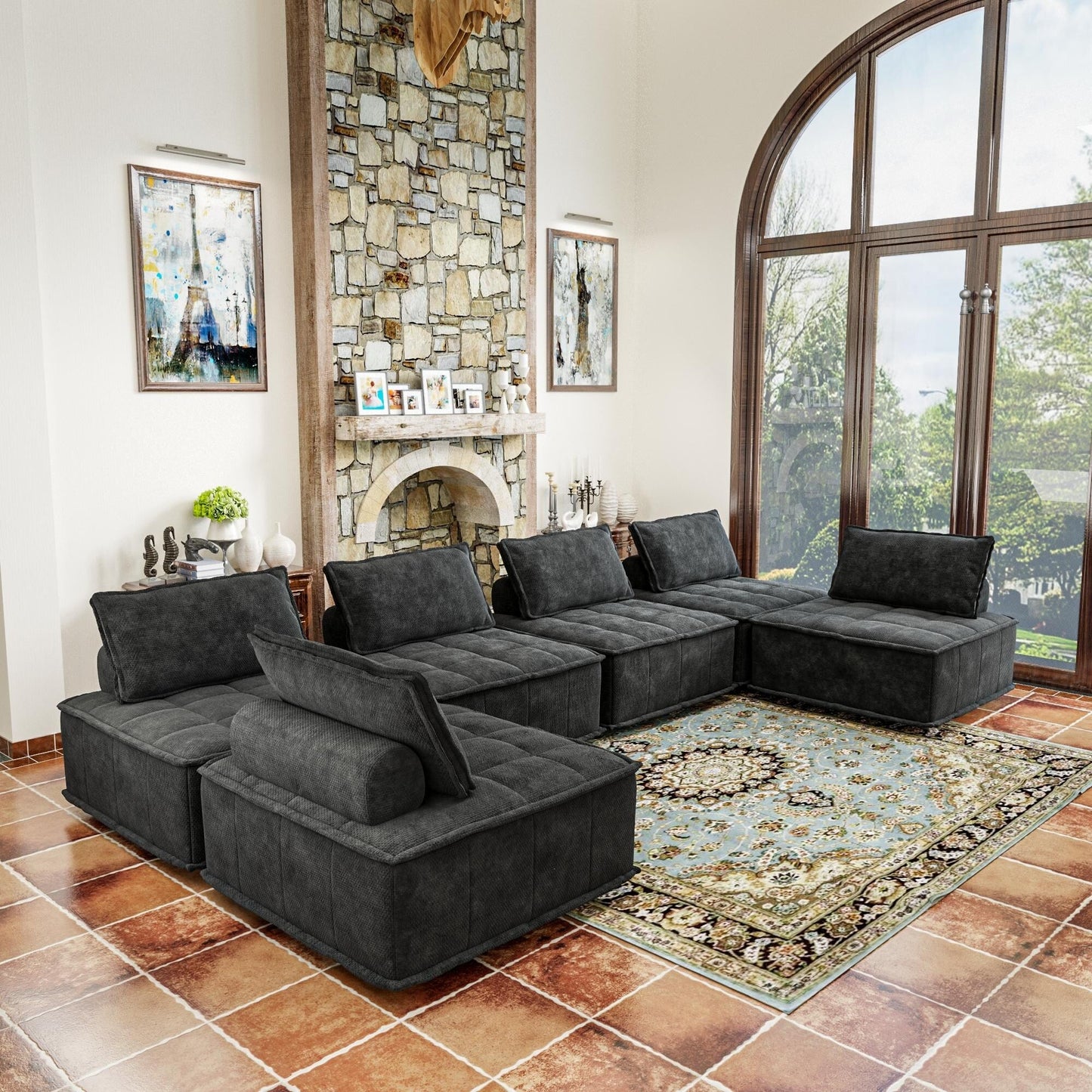 Oversized 6-piece Chenille Modular Square Sofa Set with High-Density Foam Cushions, Free Combination