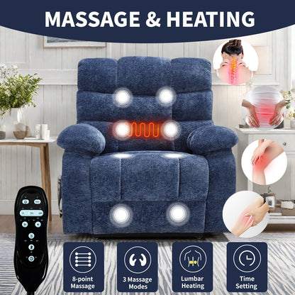 Oversized Chenille Power Lift Recliner Chair with Massage and Lumbar Heating, Charging Port, 180° Lying Flat