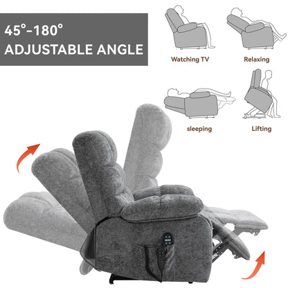 Oversized Chenille Power Lift Recliner Chair with Massage and Lumbar Heating, Charging Port, 180° Lying Flat