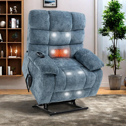 Oversized Chenille Power Lift Recliner Chair with Massage and Lumbar Heating, Charging Port, 180° Lying Flat