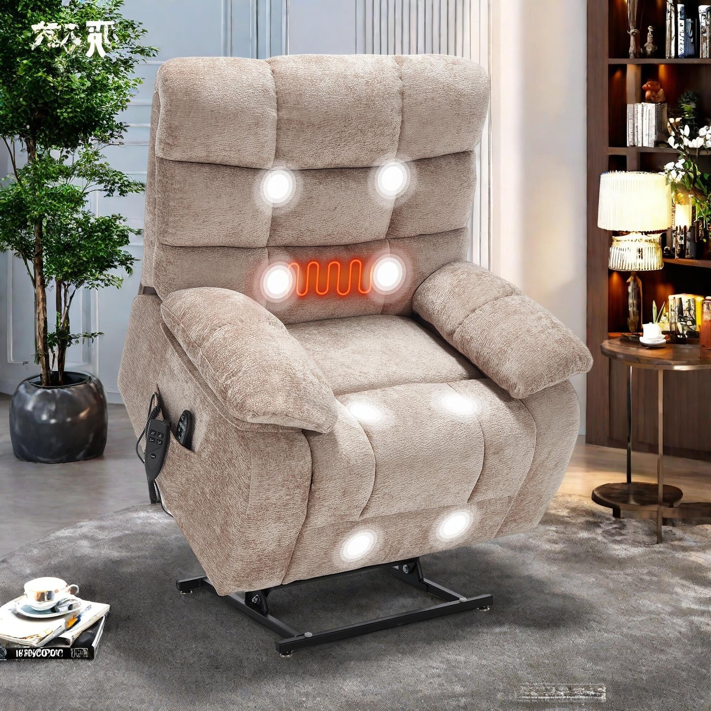 Oversized Chenille Power Lift Recliner Chair with Massage and Lumbar Heating, Charging Port, 180° Lying Flat