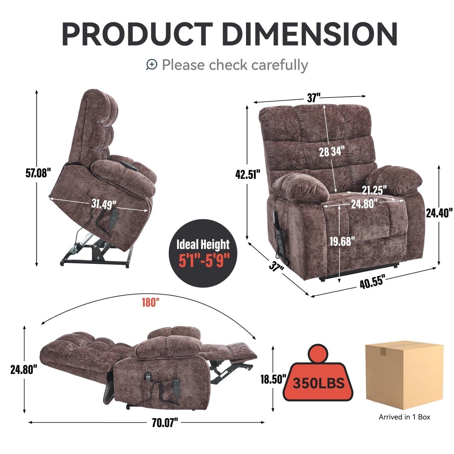 Oversized Chenille Power Lift Recliner Chair with Massage and Lumbar Heating, Charging Port, 180° Lying Flat