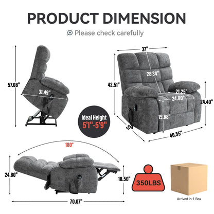Oversized Chenille Power Lift Recliner Chair with Massage and Lumbar Heating, Charging Port, 180° Lying Flat
