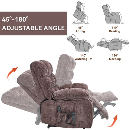 Oversized Chenille Power Lift Recliner Chair with Massage and Lumbar Heating, Charging Port, 180° Lying Flat