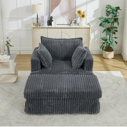 Oversized Corduroy Reclining Chair Deep Seat Armchair Single Thickened Upholstered Sofa with Pillow and Ottoman