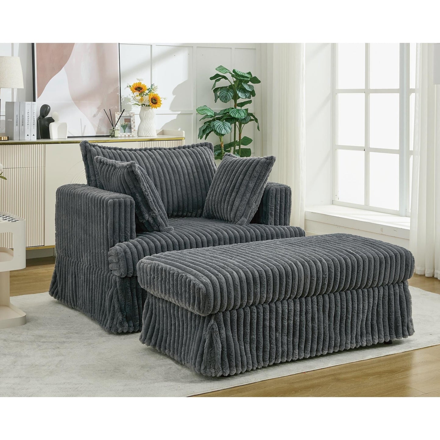 Oversized Corduroy Reclining Chair Deep Seat Armchair Single Thickened Upholstered Sofa with Pillow and Ottoman