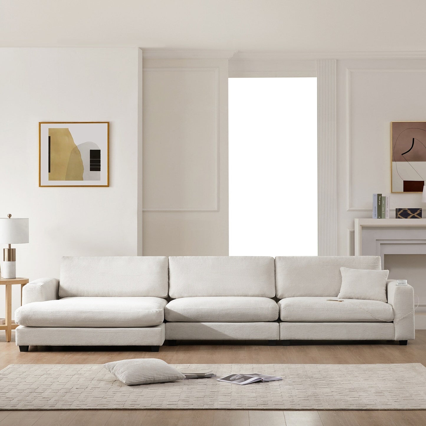 Oversized Corduroy Sectional Sofa,L Shaped Cloud Couch with USB Charging Port,Cup Holder,Deep and Wide Seat Sofa with 50 Chaise