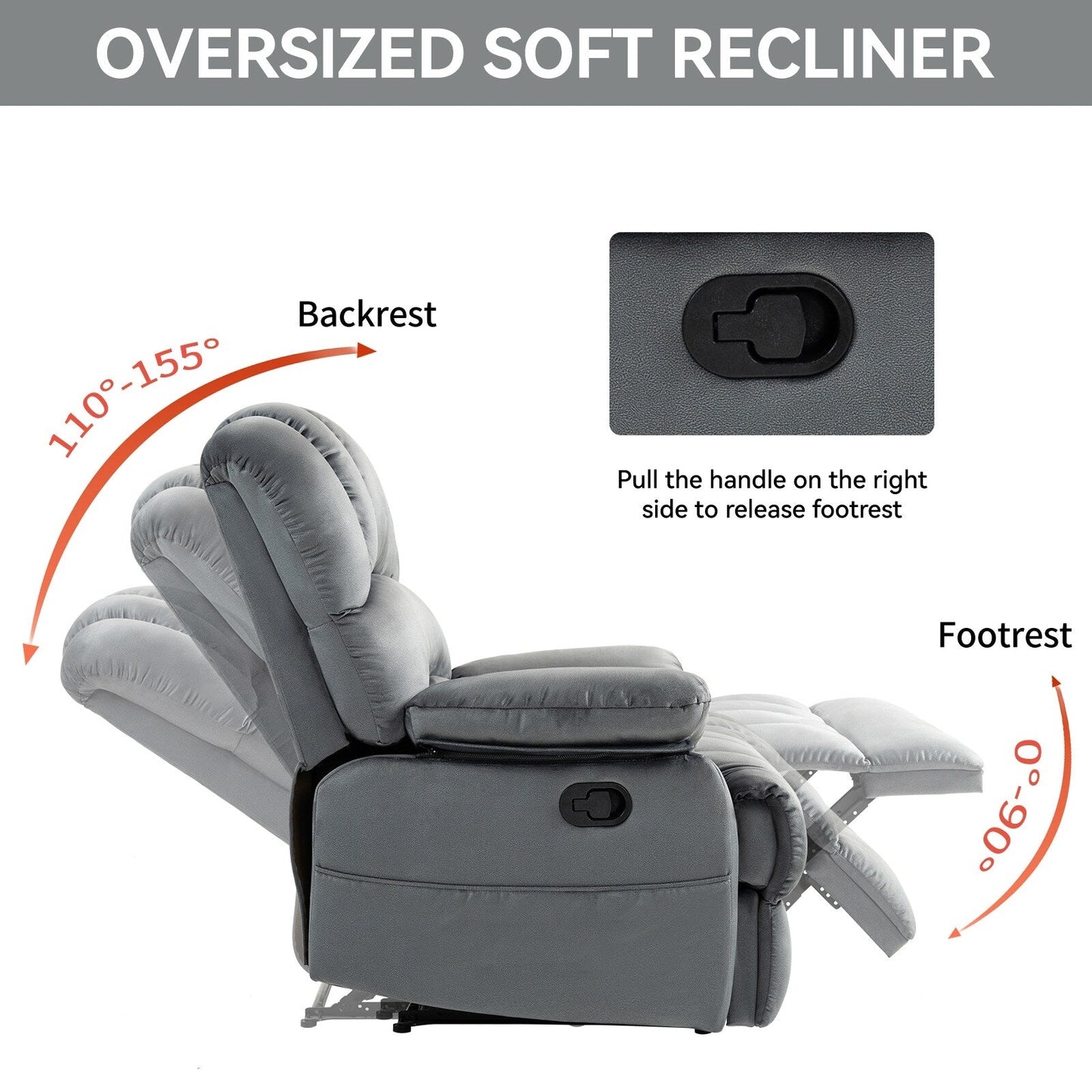 Oversized Manual Recliner with 155° Recline, Simple Assembly, and Extra-Large Design for Your Living Room