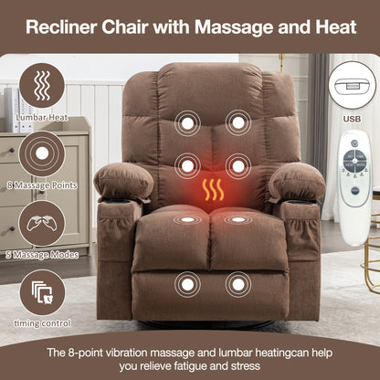 Oversized Massage Heat Recliner Chair Manual Rocking Chair with 2 Cup Holders and USB Charge Port Side Pockets
