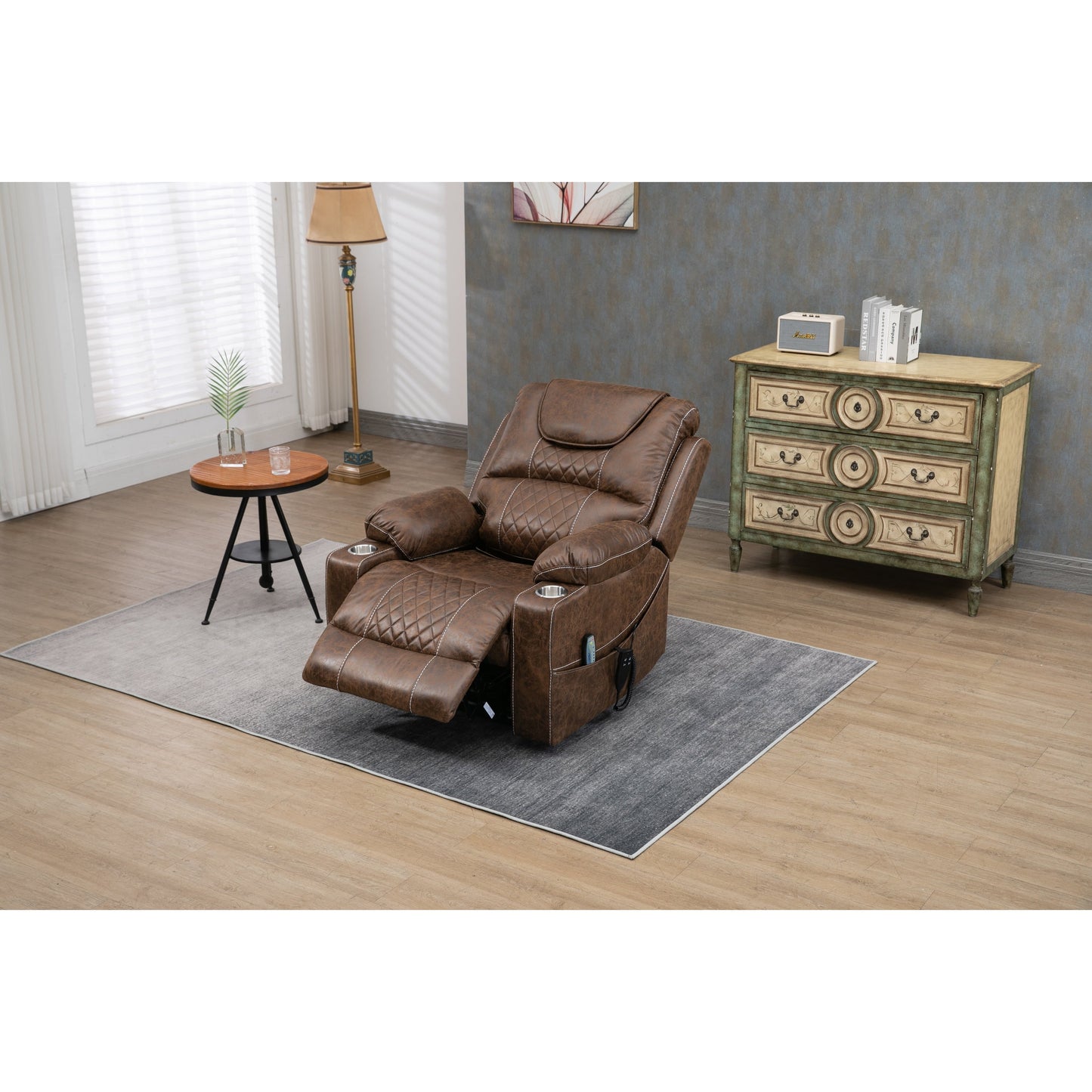 Oversized PU Leather Power Lift Recliner with Massage, Lumbar Heating, Cup Holder, 180Â° Flat Lay