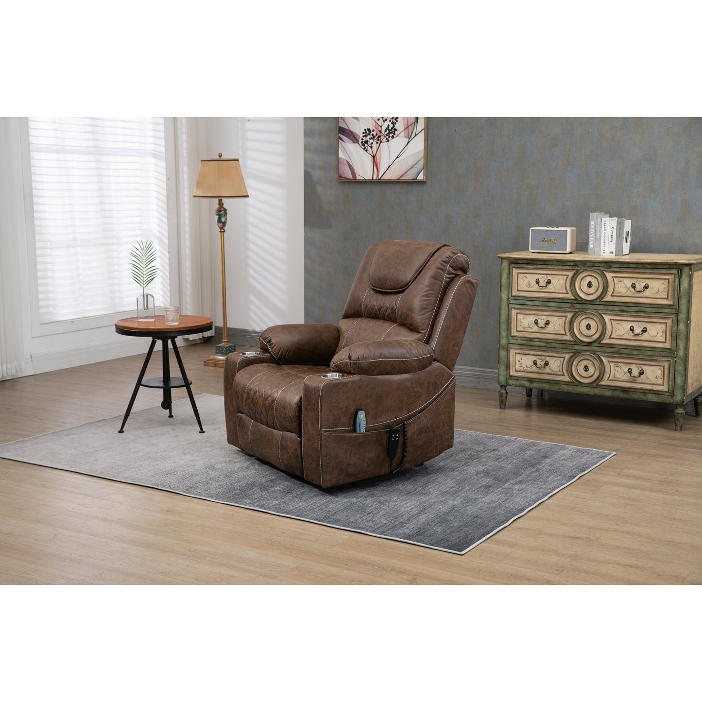 Oversized PU Leather Power Lift Recliner with Massage, Lumbar Heating, Cup Holder, 180Â° Flat Lay