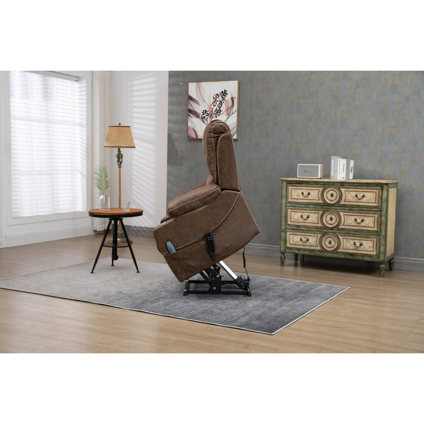 Oversized PU Leather Power Lift Recliner with Massage, Lumbar Heating, Cup Holder, 180Â° Flat Lay