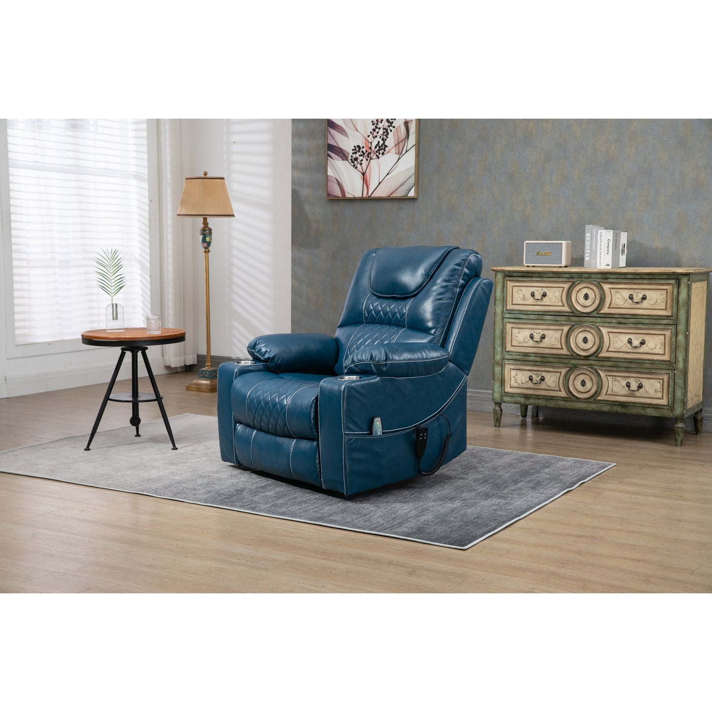 Oversized PU Leather Power Lift Recliner with Massage, Lumbar Heating, Cup Holder, 180Â° Flat Lay