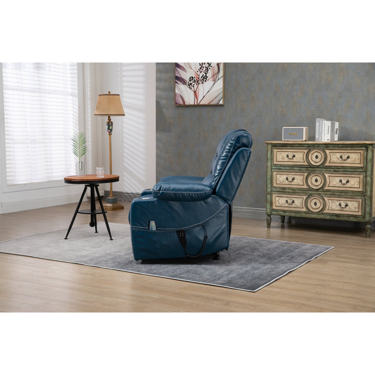Oversized PU Leather Power Lift Recliner with Massage, Lumbar Heating, Cup Holder, 180Â° Flat Lay